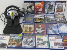 A quantity of PS2 games and steering wheel set.