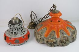 Two 1960s pottery light shades in the West German style approx 38cm and 20cm dia.