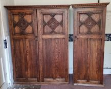 Two Continental 1920's oak hall cupboards, double 132cm wide, single 70cm wide,