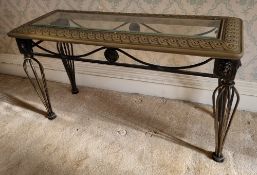 A Continental console table having metal base with glass and resin top, 120 x 46 x 86cm.