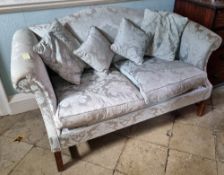 A Georgian style scroll arm two seater settee with loose cushions. 165cm wide.