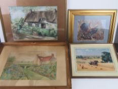 Four assorted paintings and prints, all