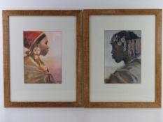Two African portrait prints of females in traditional dress, from original pastels by Tony Hudson,