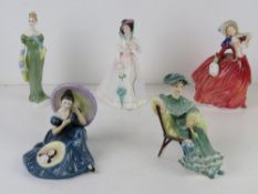 Five Royal Doulton ladies; Pensive Moments, Ascot, Autumn Breezes, Lorna,