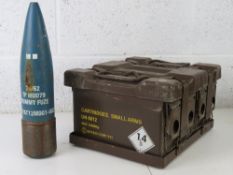 Four British Military small arms ammo tins in transit box, the box is dated 1985.