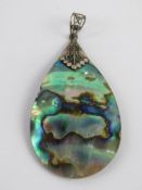 An Abalone shell teardrop shaped pendant having hand crafted bale stamped 925, total length 6.5cm.