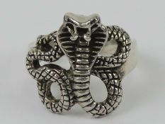 A silver biker style Cobra ring, stamped 925, size T.