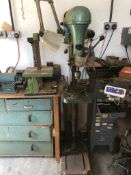 A Pacera five spindle speed pillar drill as manufactured by W.J. Meddings, standing 166cm high.