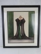 A large signed art deco style print Woman in Green 51 x 63cm, framed and mounted, overall size 75.