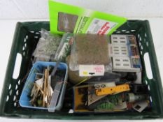 A quantity of model railway diorama makers components/tools, grass, trees, drill bits, buildings,