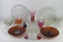 A quantity of assorted glassware inc serving plates, jelly moulds, Caithness paperweights,