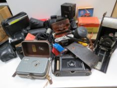 A quantity of assorted camera equipment inc folding pocket Kodak, Kodak Brownie,