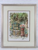Tom King, watercolour of garden theme with chair and chimney pot in foreground,