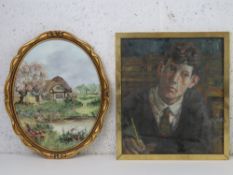 Two acrylics on board, one of girls fishing in pond near thatched cottage signed Pat Langton,