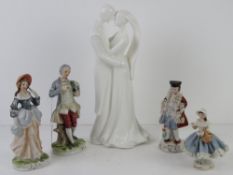 A quantity of continental style figurines together with a white ground Wedgwood figurine.