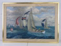 Acrylic on canvas 'Yatch race in the Solent off Isle of Wight' by F E Walton and dated 1974,