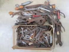 A quantity of assorted vintage tools inc spanners, files, padded mallet, etc.
