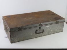 A metal tool chest 70 x 37.5 x 19cm.