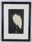 A Japanese wood block print of a white crane on black background, sight size 36.5 x 22.