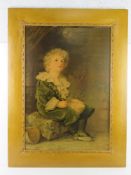 A large print 'Bubbles' featuring young boy fascinated by soap bubbles in gold painted wooden frame