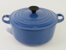 A blue Le Cruset '20' casserole dish.