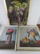 Three floral still life paintings by F E Walton c1975, individually framed.