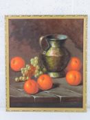 Oil on canvas; still life, copper jug with oranges and grapes before,