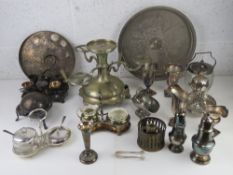 A large quantity of assorted silver plated wares inc sugar sifters, biscuit barrel, eperne stand,