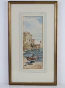 Watercolour Harbour scene, landed sailing boat before, fort and sky beyond.