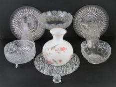 A quantity of assorted cut glass inc centrepiece pedestal bowl.
