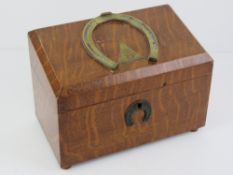 A mahogany letter box having brass horse shoe design to top and escutcheon plate,