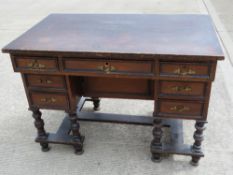 A kneehole desk comprising central drawer flanked by further drawers to each side,