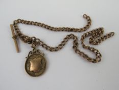 A 9ct hallmarked rose gold Albert chain having enamelled and 375 hallmarked rose gold medallion and