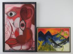 Two acrylic on board surrealist paintings by Nannette Rose titled Pink Gin 64 x 43cm overall and