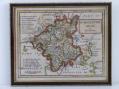 Map; Worcestershire by Robert Morden, hand coloured, framed, overall size 24 x 19.5cm.