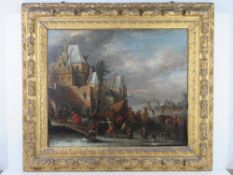 Oil on canvas, Dutch School, c 18th century; figures upon a frozen river,