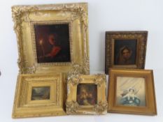 Five various paintings and prints in gilded and gold painted frames, largest 41 x 38cm overall.