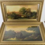A pair of oils on canvas, each being riverside thatched cottage scene with trees,