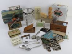 A quantity of assorted collectables inc vintage biscuit tins, vintage soap and makeup boxes,