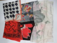Two 100% silk scarves by Jaeger. Also a Radley scarf and two others. Five items.