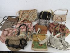 A quantity of assorted handbags inc lime green suede effect, Suzy Smith, etc.