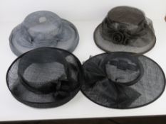 A Marks and Spencer's brown straw wedding hat together with three others similar, two black,