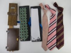 Two vintage wooden tie presses together with a quantity of ties inc 100% silk tie by Frangi,