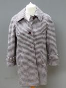 A Lama wool ladies coat in purple hounds tooth pattern, size 10, approx measurements; 42