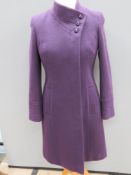 A ladies wool and cashmere coat in purple size 8, approx measurements; 37