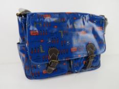 A London themed dark blue satchel type handbag 'as new', approx 35 x 26cm.