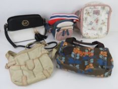 A quantity of assorted bags inc Cath Kidson fairy themed lunch bag, Clarks cream leather bag,