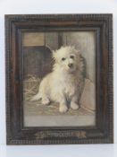 A carved oak frame 'Innocence' containing a print of a small white dog, sight size 19 x 24.