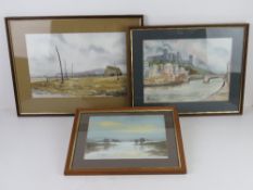 Three watercolours by J G Stevens titled 'Fisherman's Croft', 'Durham' and 'Floods',