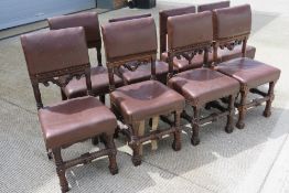 Eight (4+2+1+1) oak framed leather seated dining chairs.